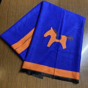 Large Wool/Cotton Blend Orange Blue Equestrian Reversible Fringed Scarf w/Horse